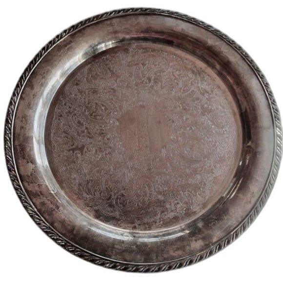 OL Oneida USA w/ 2 Lions Mark Round Vintage Silverplate Tray Floral Etching 15" - Picture 1 of 11